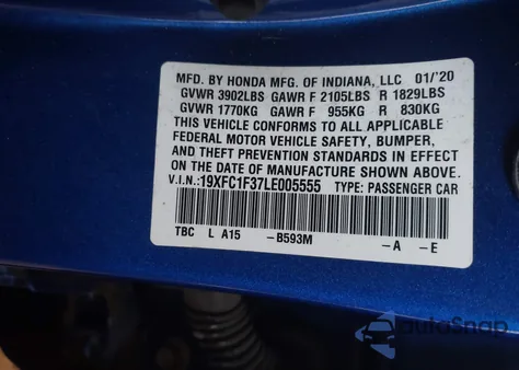 2020 Honda Civic Ex from USA, damaged, VIN 19XFC1F37LE005555